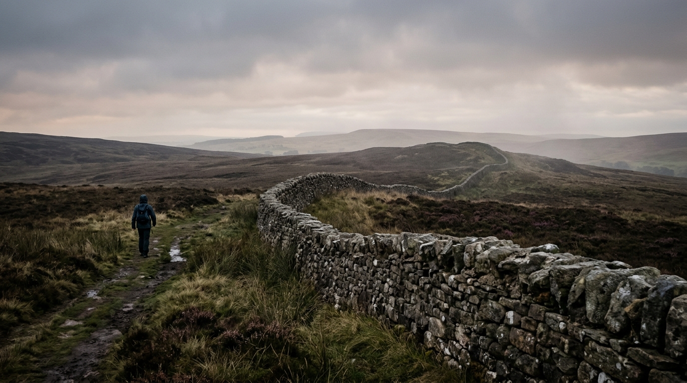 Ancient stone ruins stretching across Northumberland moorland at Hadrian's Wall, where Roman soldiers sent letters home asking for socks, warm clothing, and beer
